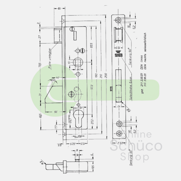 Schuco 211235 LS / 211236 RS Verrouillage et boulon mortisé* - 28/97/10