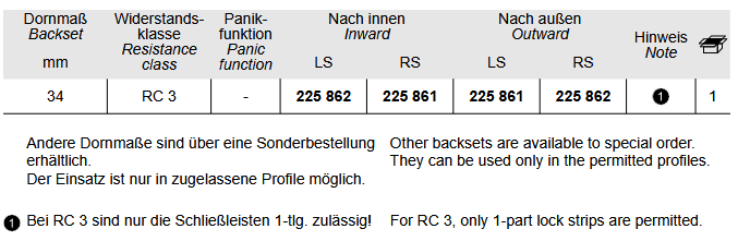 Schuco 225862 / 225861 meerpuntslot pen haak 34/92/10